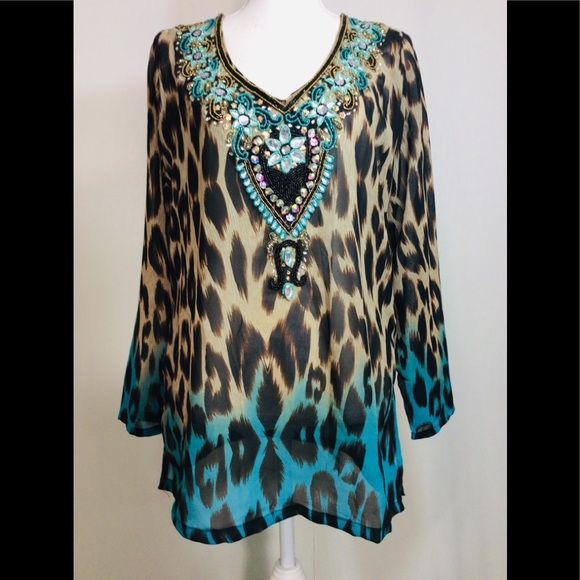 Mix Nouveau Sheer Leopard print/Rhinestone Top, M - Picture 2 of 8